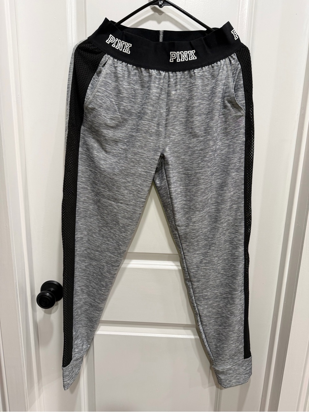 PINK Victoria's Secret Gray Active Jogger Pants with Black Mesh Side Panels
